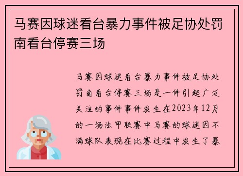 马赛因球迷看台暴力事件被足协处罚南看台停赛三场 马赛因球迷看台暴力事件被足协处罚南看台停赛三场